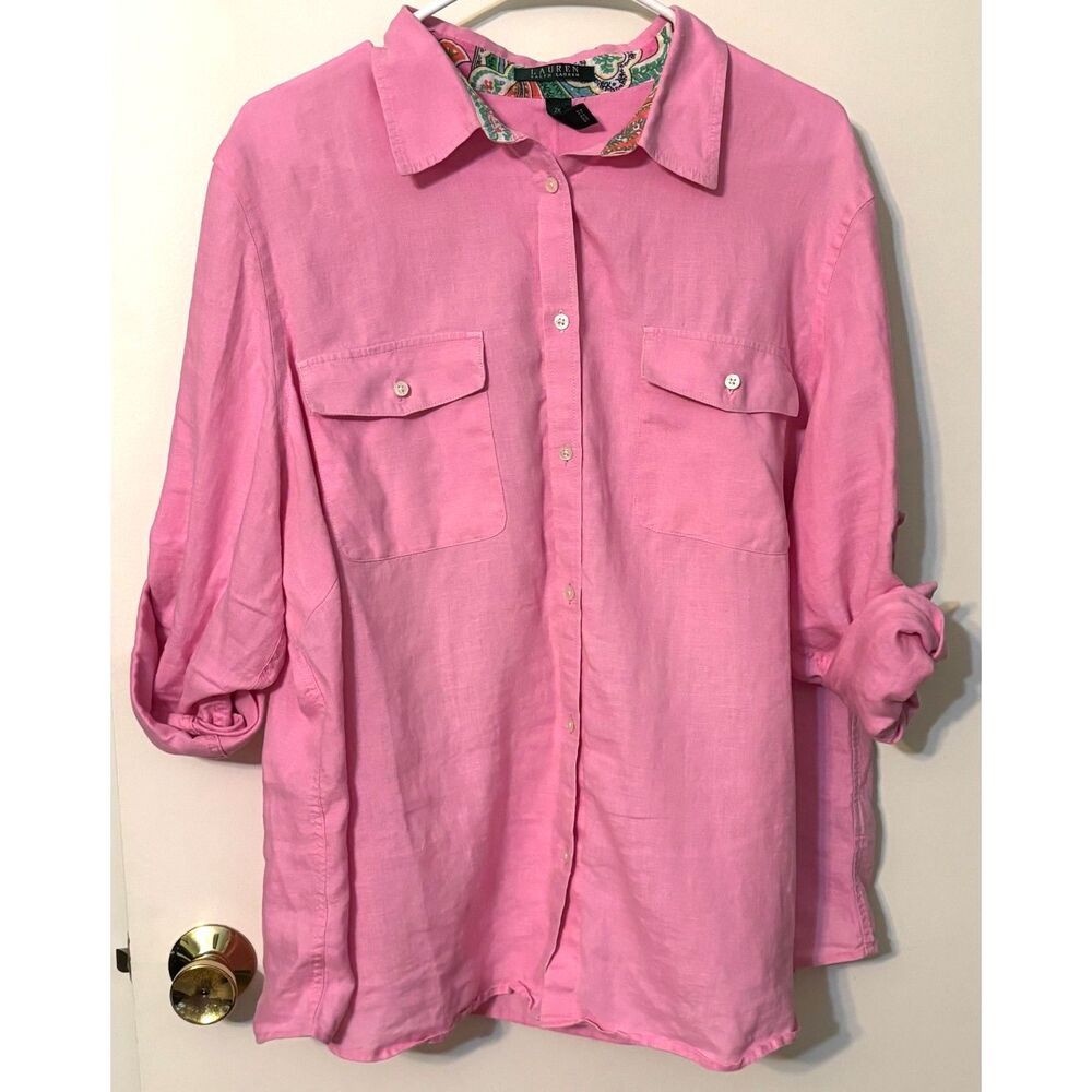 Lauren Ralph Lauren Pink 100% Linen Button Front Shirt 2X Roll Tab Sleeve